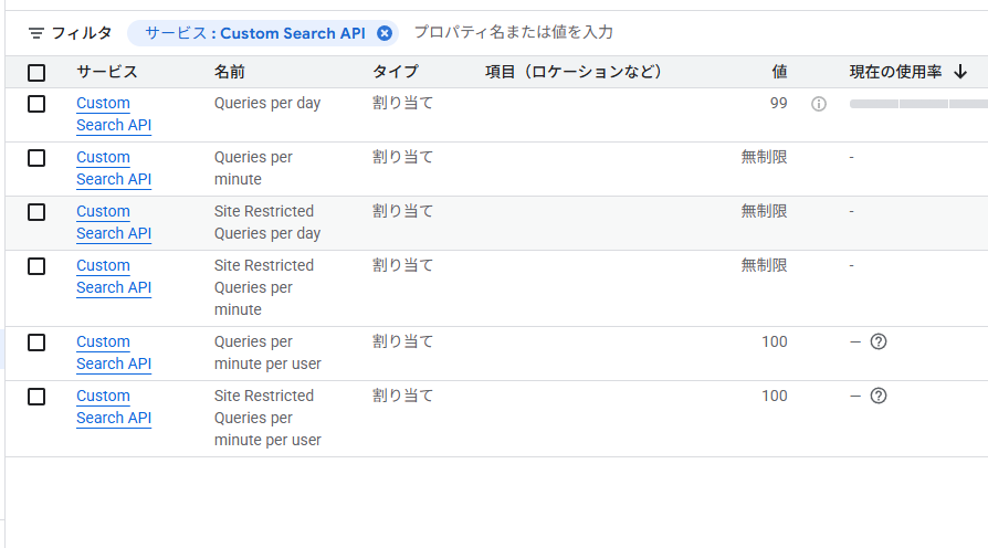 GCP Custom Search API クォータ設定画面