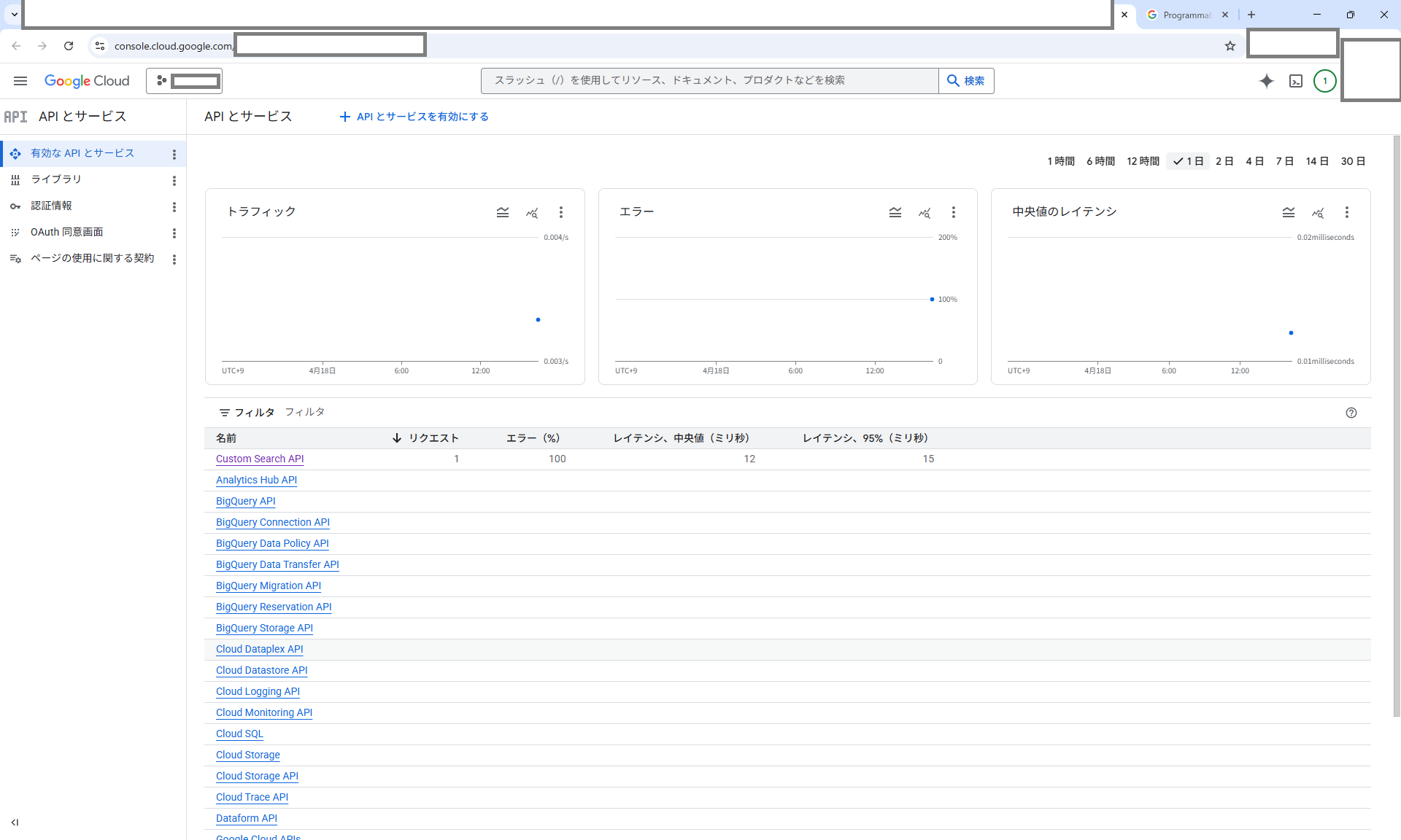 GCP APIダッシュボード Custom Search API有効化済み