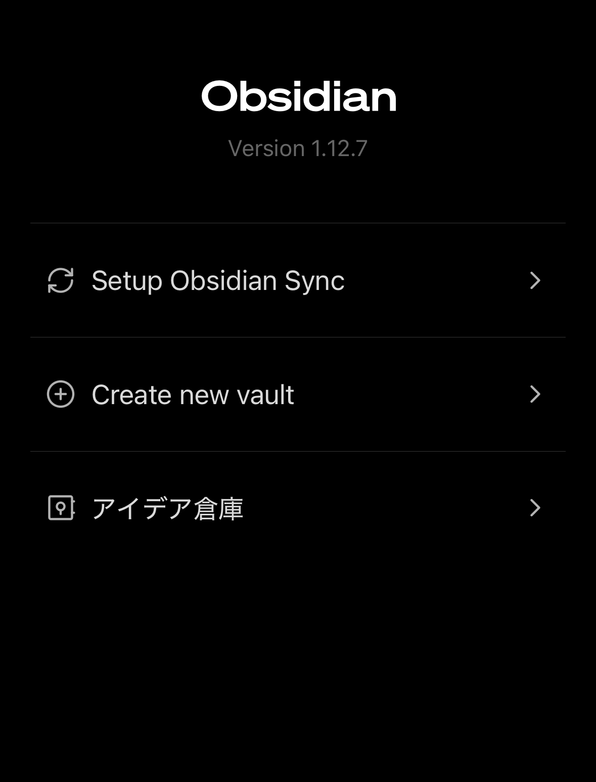 iPhone 版 Obsidian 起動画面で Create new vault のメニューが表示されている