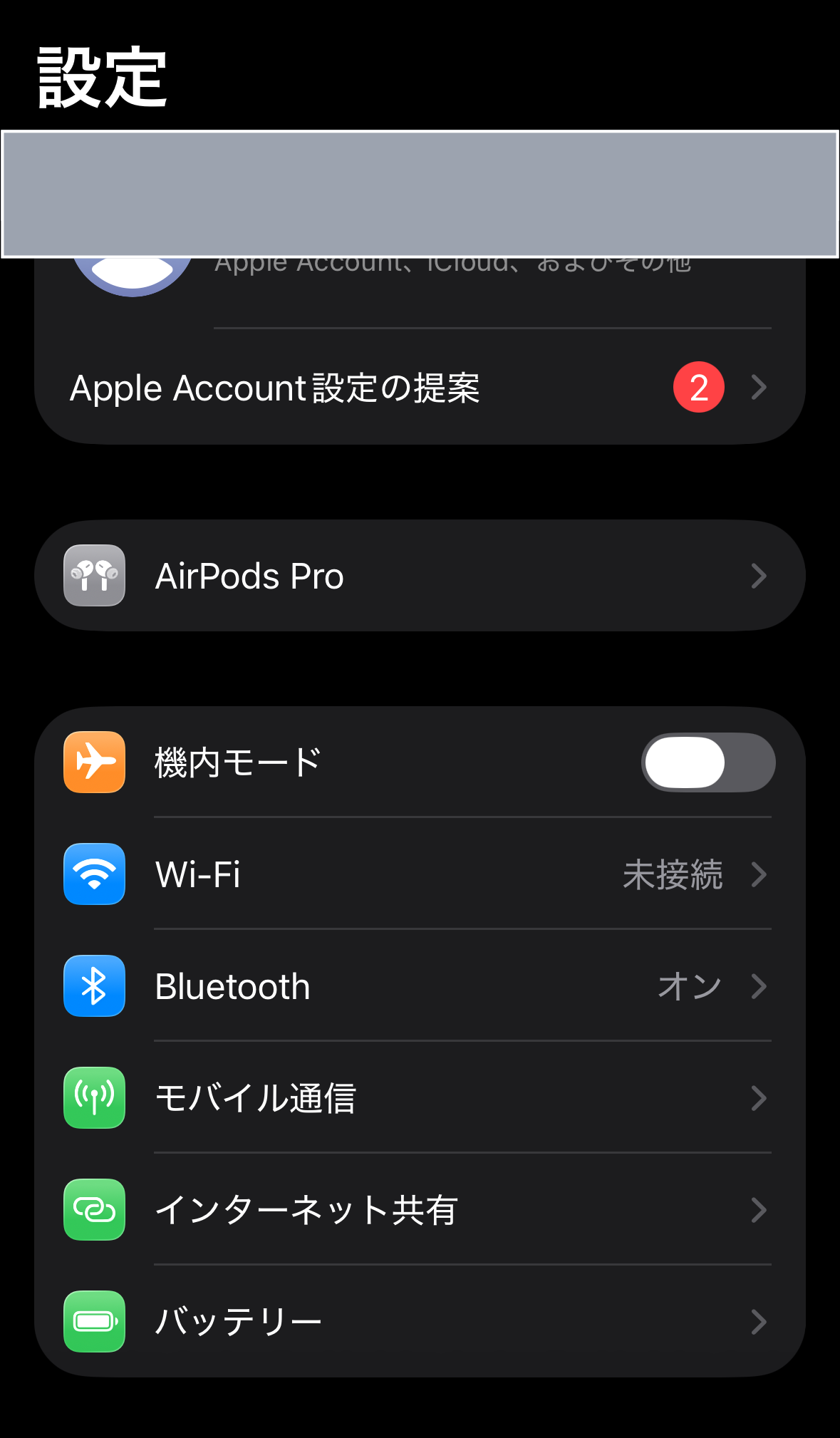 iPhone 設定アプリのトップ画面で Apple Account の項目が一番上に表示されている