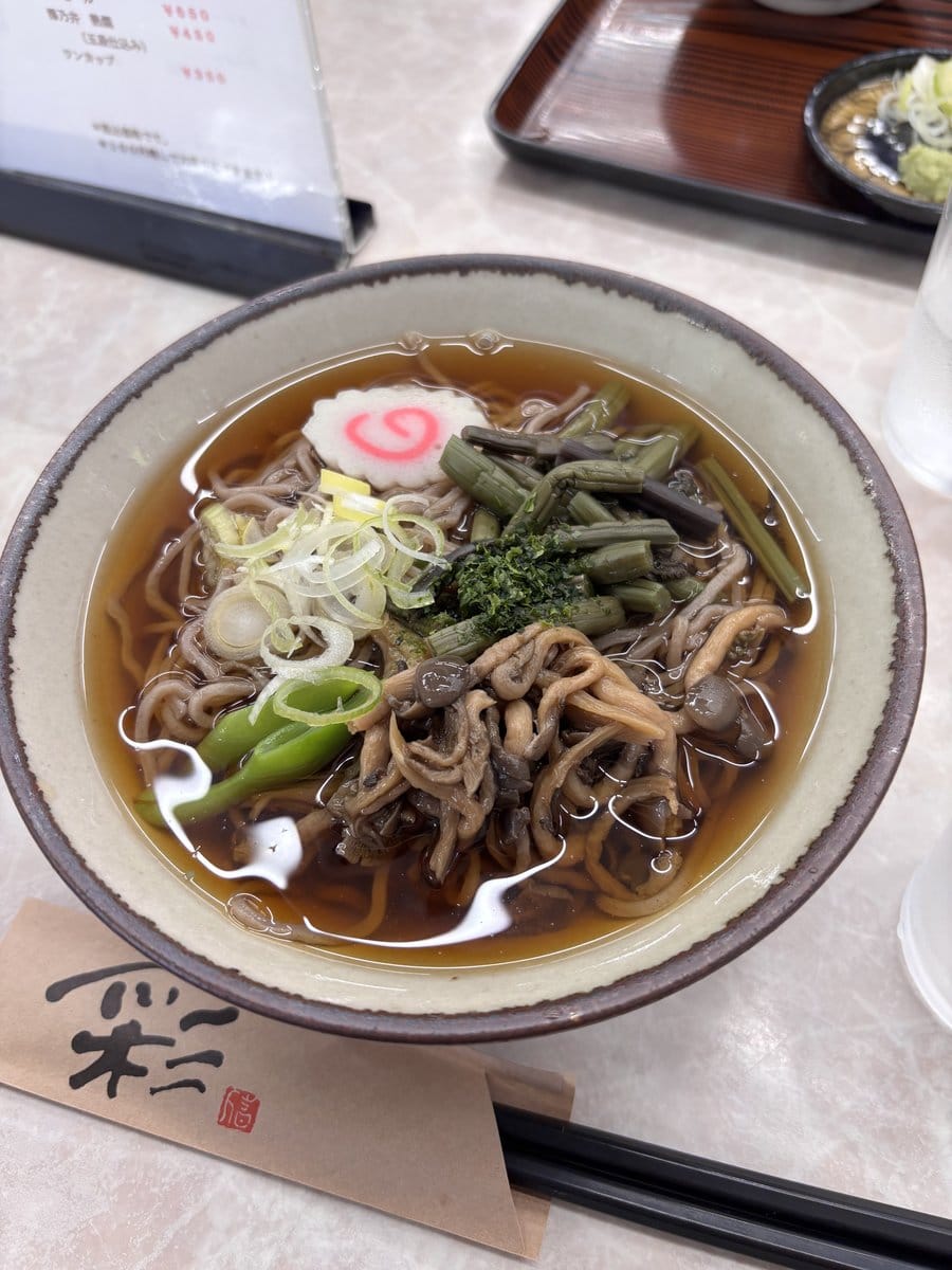 御岳山で食べた山菜そば 山菜たっぷりの一杯