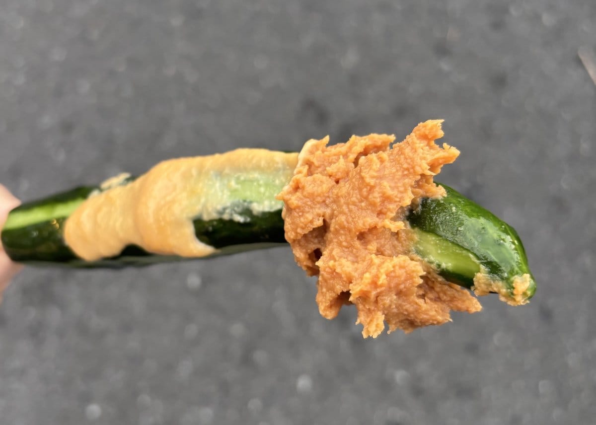 味噌を2種類つけた特大サイズの冷やしきゅうりを手に持ったところ