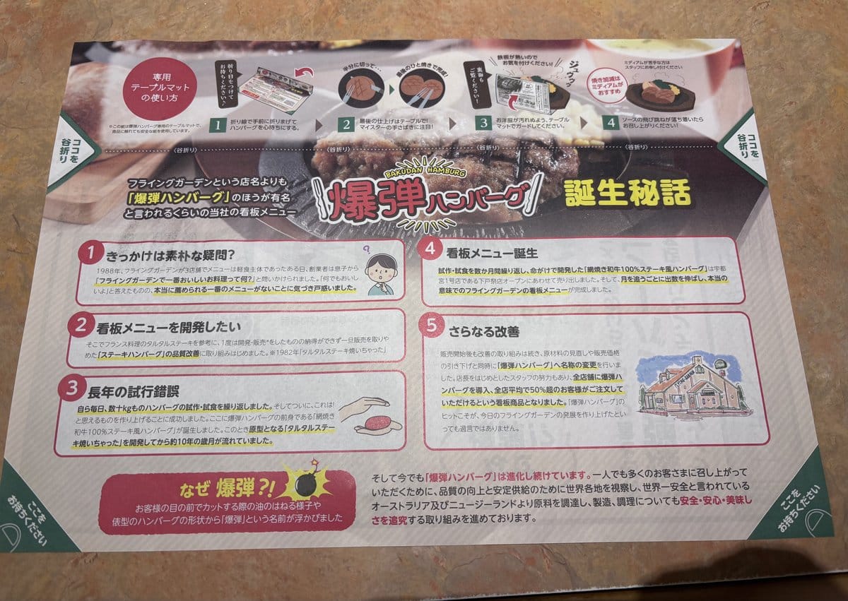 フライングガーデンのテーブルマットに書かれた爆弾ハンバーグの誕生秘話