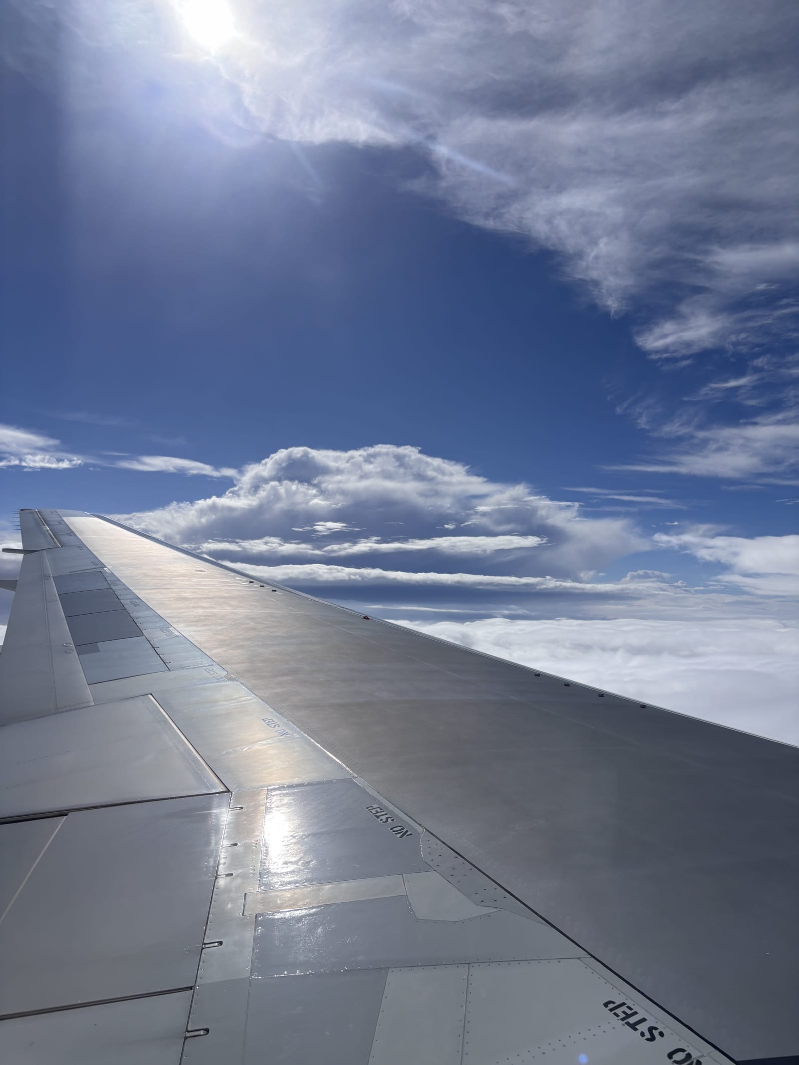 飛行機の機内から見た主翼と青空・雲の景色